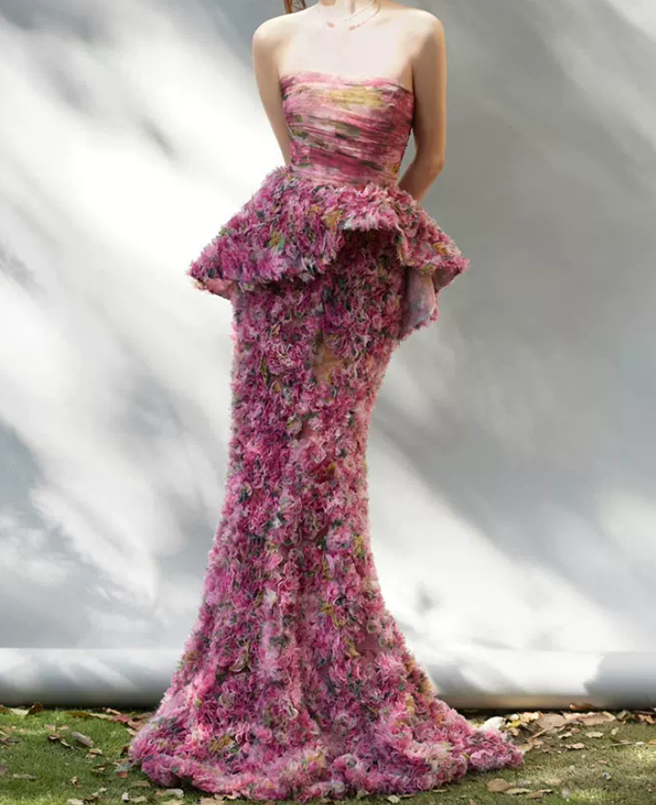Robe de bal de princesse bustier à volants en satin long, robe de soirée C8117