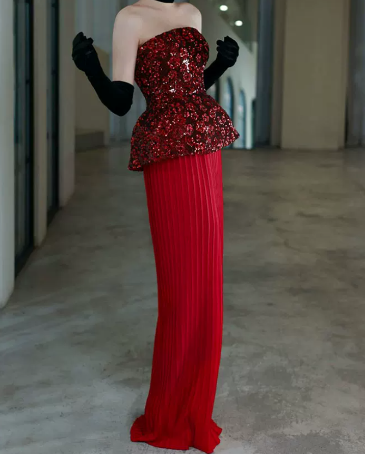 Classical Strapless Red Prom Dress Sequins Pleated Sheath Evening Dress C8833