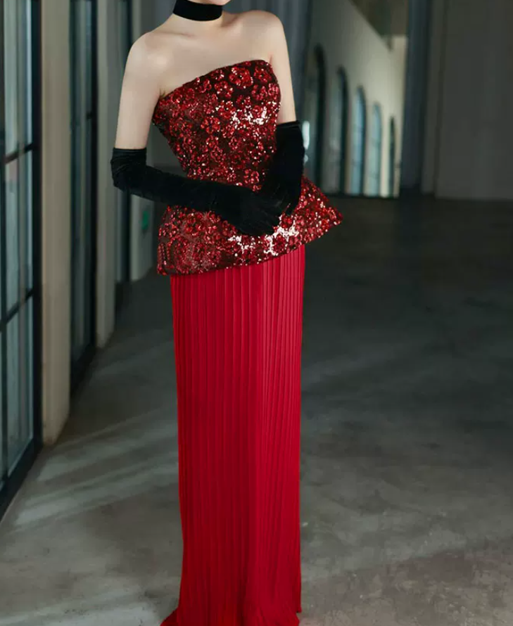 Classical Strapless Red Prom Dress Sequins Pleated Sheath Evening Dress C8833