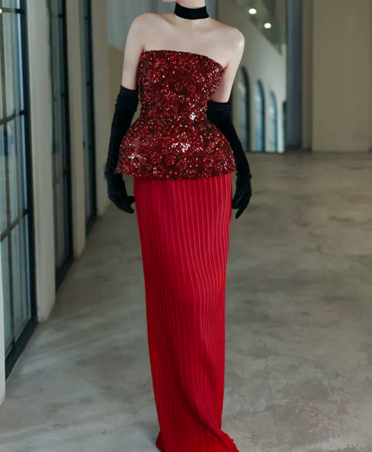 Classical Strapless Red Prom Dress Sequins Pleated Sheath Evening Dress C8833