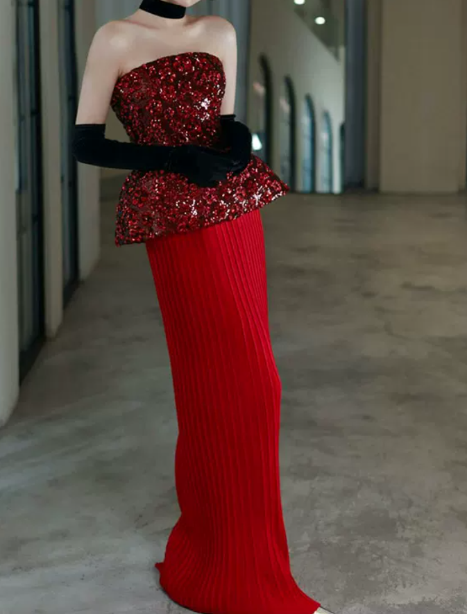 Classical Strapless Red Prom Dress Sequins Pleated Sheath Evening Dress C8833