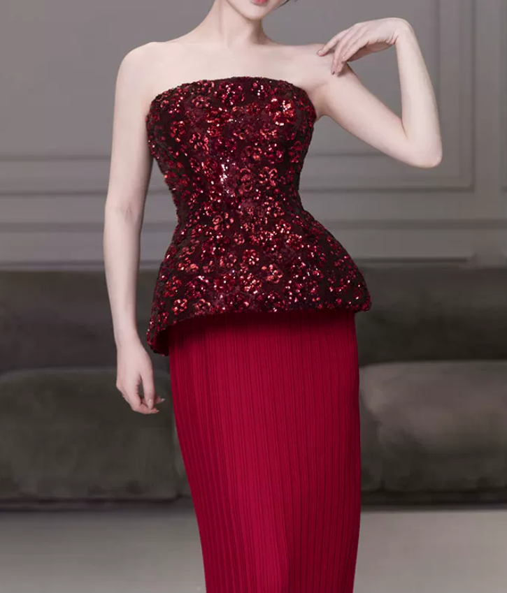 Classical Strapless Red Prom Dress Sequins Pleated Sheath Evening Dress C8833