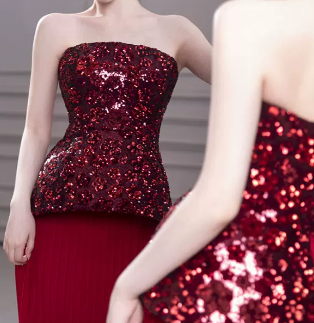 Classical Strapless Red Prom Dress Sequins Pleated Sheath Evening Dress C8833