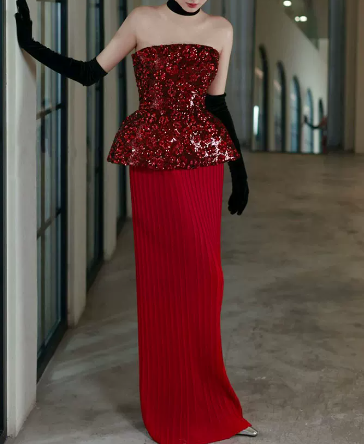 Classical Strapless Red Prom Dress Sequins Pleated Sheath Evening Dress C8833