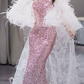 Luxurious Long Sleeve Beaded Pink Prom Dress Sequins High Slit Mermaid Evening Dress C8835