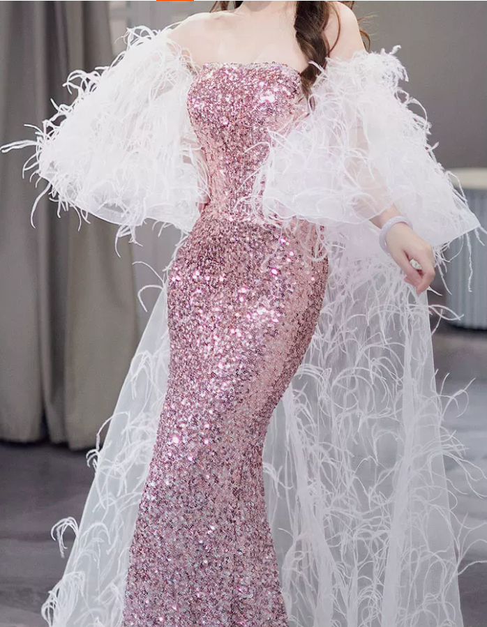 Luxurious Long Sleeve Beaded Pink Prom Dress Sequins High Slit Mermaid Evening Dress C8835