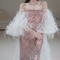 Luxurious Long Sleeve Beaded Pink Prom Dress Sequins High Slit Mermaid Evening Dress C8835