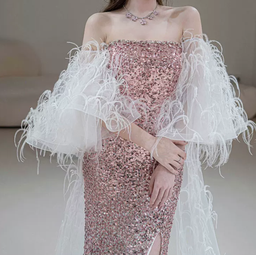 Luxurious Long Sleeve Beaded Pink Prom Dress Sequins High Slit Mermaid Evening Dress C8835