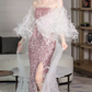 Luxurious Long Sleeve Beaded Pink Prom Dress Sequins High Slit Mermaid Evening Dress C8835