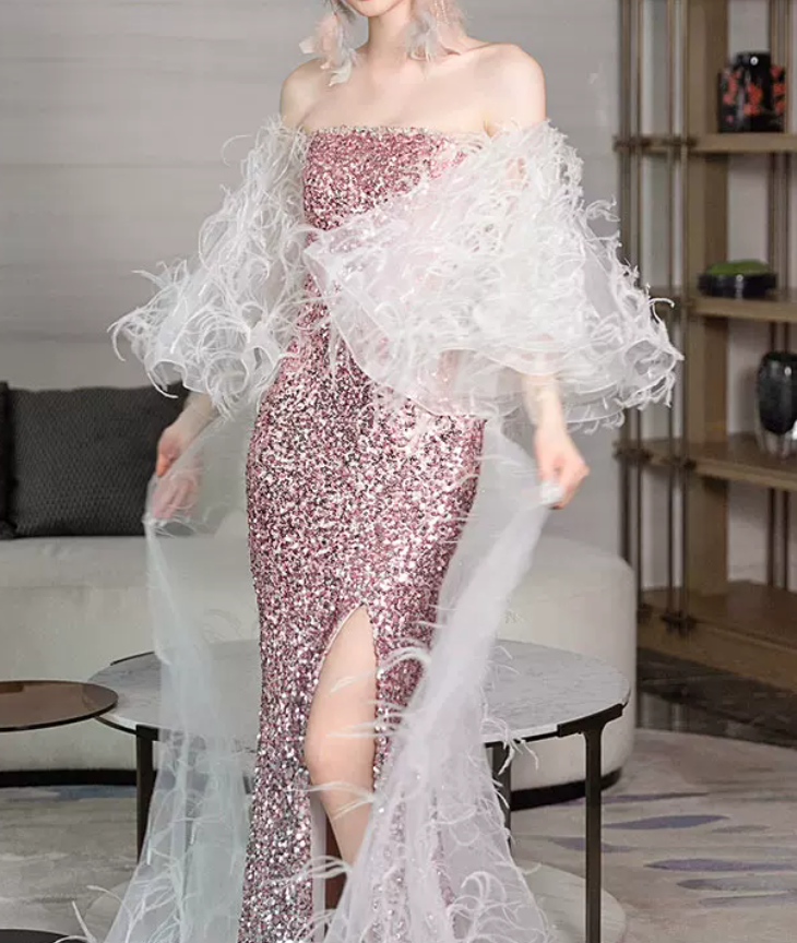 Luxurious Long Sleeve Beaded Pink Prom Dress Sequins High Slit Mermaid Evening Dress C8835
