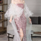 Luxurious Long Sleeve Beaded Pink Prom Dress Sequins High Slit Mermaid Evening Dress C8835