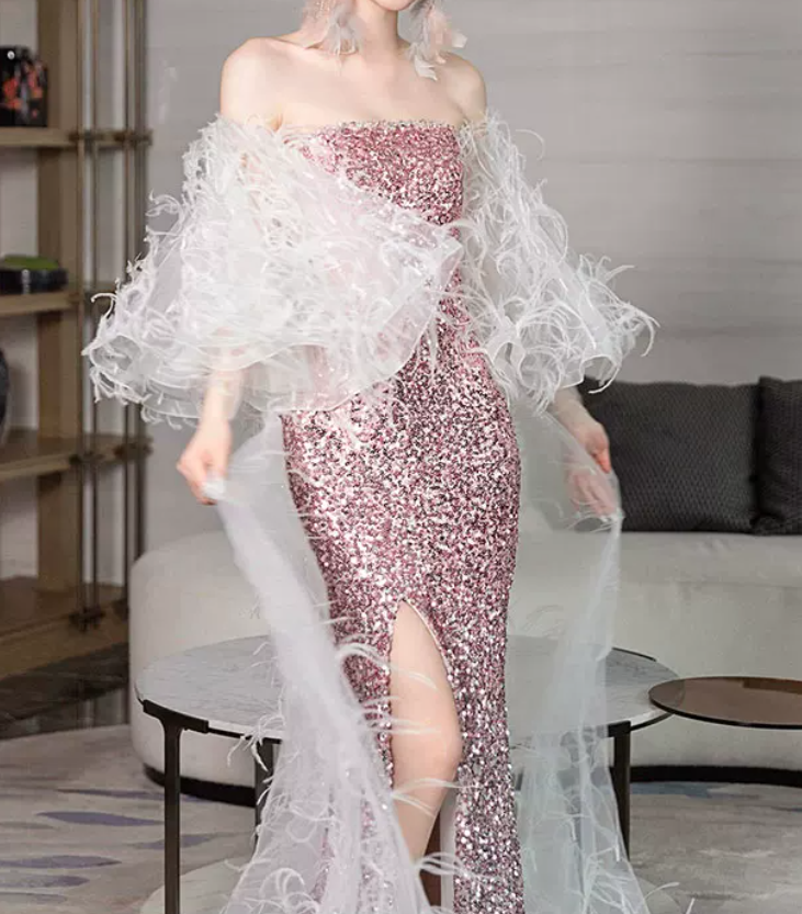 Luxurious Long Sleeve Beaded Pink Prom Dress Sequins High Slit Mermaid Evening Dress C8835