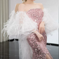 Luxurious Long Sleeve Beaded Pink Prom Dress Sequins High Slit Mermaid Evening Dress C8835