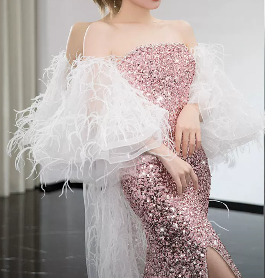 Luxurious Long Sleeve Beaded Pink Prom Dress Sequins High Slit Mermaid Evening Dress C8835