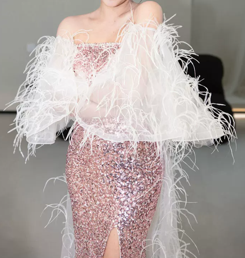 Luxurious Long Sleeve Beaded Pink Prom Dress Sequins High Slit Mermaid Evening Dress C8835