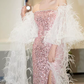 Luxurious Long Sleeve Beaded Pink Prom Dress Sequins High Slit Mermaid Evening Dress C8835