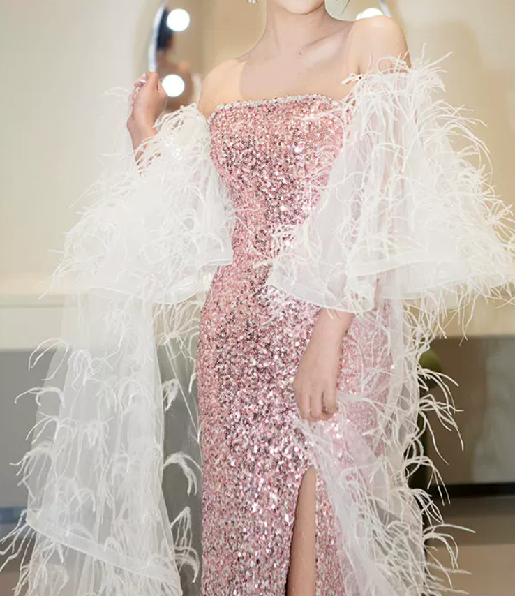 Luxurious Long Sleeve Beaded Pink Prom Dress Sequins High Slit Mermaid Evening Dress C8835