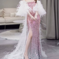 Luxurious Long Sleeve Beaded Pink Prom Dress Sequins High Slit Mermaid Evening Dress C8835
