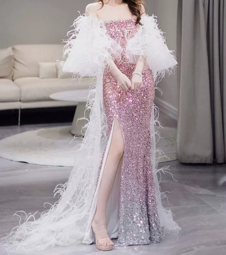 Luxurious Long Sleeve Beaded Pink Prom Dress Sequins High Slit Mermaid Evening Dress C8835