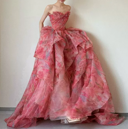 Playful Strapless Pink Prom Dress Applique Ruffled A-Line Evening Dress C8836