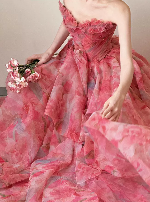 Playful Strapless Pink Prom Dress Applique Ruffled A-Line Evening Dress C8836