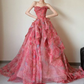 Playful Strapless Pink Prom Dress Applique Ruffled A-Line Evening Dress C8836