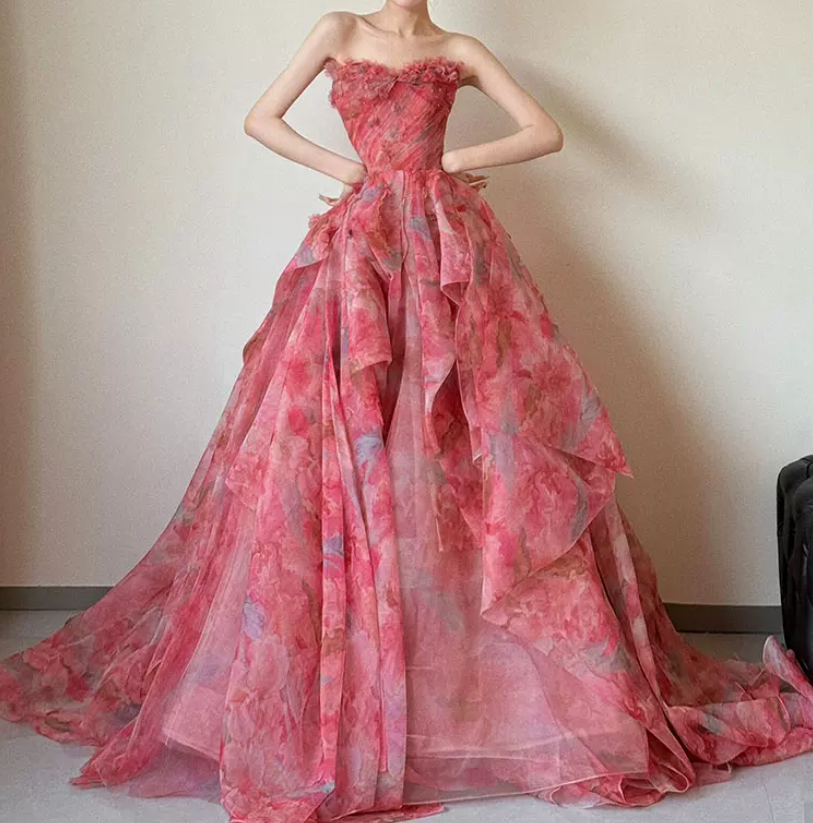 Playful Strapless Pink Prom Dress Applique Ruffled A-Line Evening Dress C8836
