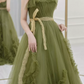 Dreamy Strapless Green Prom Dress Ruffled Tulle A-Line Evening Dress C8838
