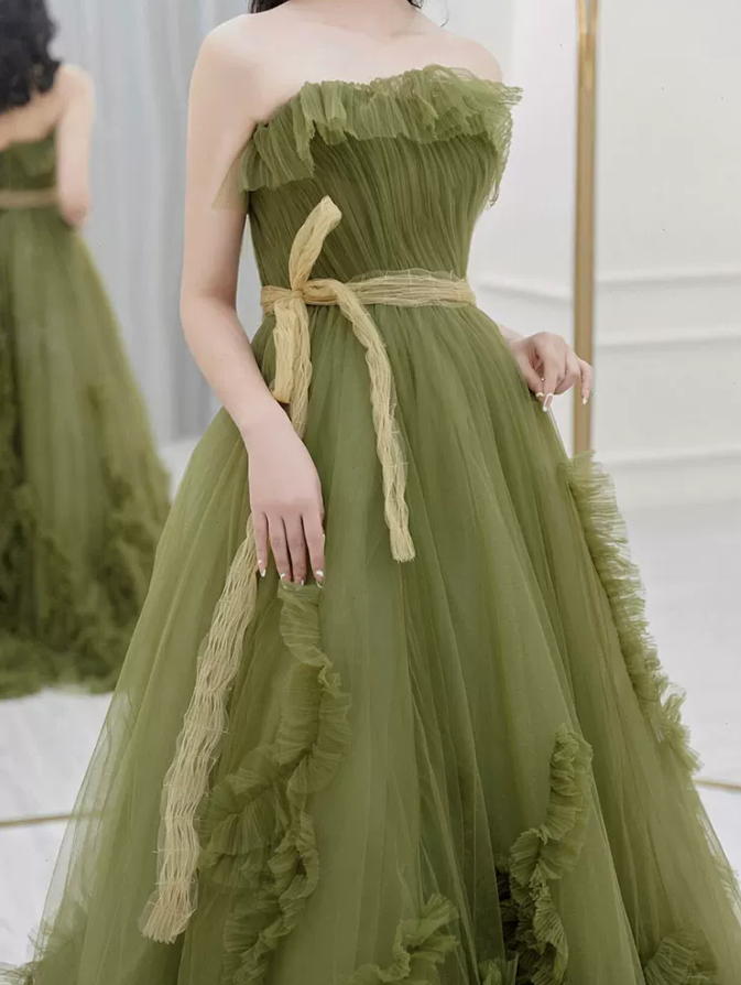 Dreamy Strapless Green Prom Dress Ruffled Tulle A-Line Evening Dress C8838