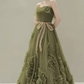 Dreamy Strapless Green Prom Dress Ruffled Tulle A-Line Evening Dress C8838
