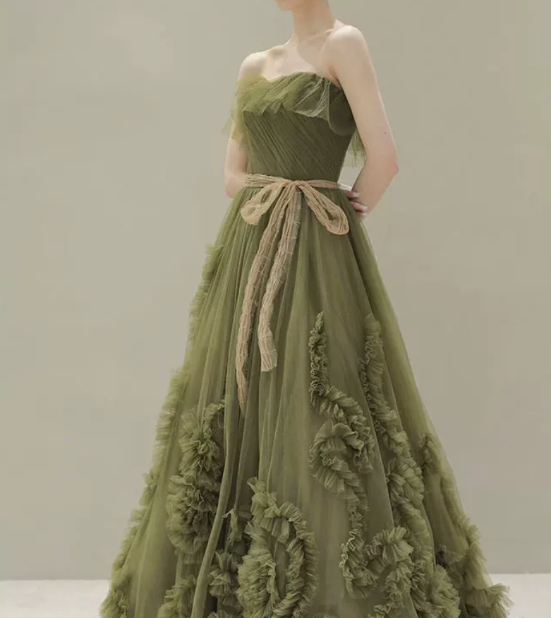 Dreamy Strapless Green Prom Dress Ruffled Tulle A-Line Evening Dress C8838