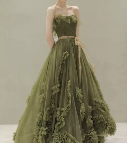 Dreamy Strapless Green Prom Dress Ruffled Tulle A-Line Evening Dress C8838