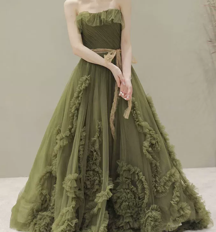 Dreamy Strapless Green Prom Dress Ruffled Tulle A-Line Evening Dress C8838