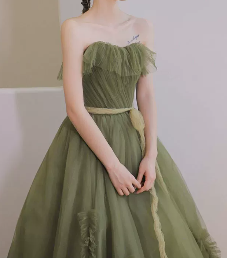 Dreamy Strapless Green Prom Dress Ruffled Tulle A-Line Evening Dress C8838