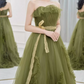 Dreamy Strapless Green Prom Dress Ruffled Tulle A-Line Evening Dress C8838