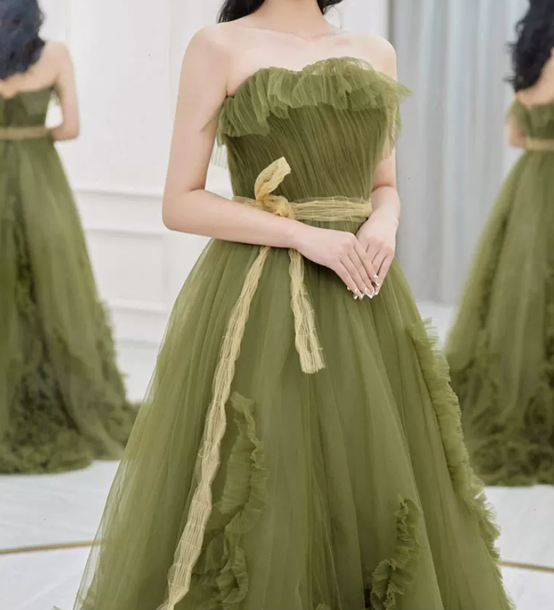 Dreamy Strapless Green Prom Dress Ruffled Tulle A-Line Evening Dress C8838