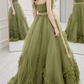 Dreamy Strapless Green Prom Dress Ruffled Tulle A-Line Evening Dress C8838