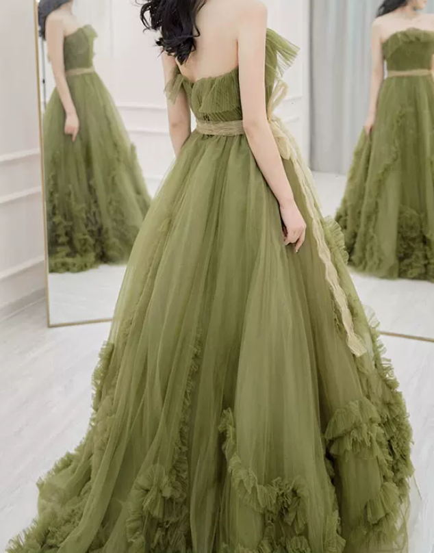 Dreamy Strapless Green Prom Dress Ruffled Tulle A-Line Evening Dress C8838