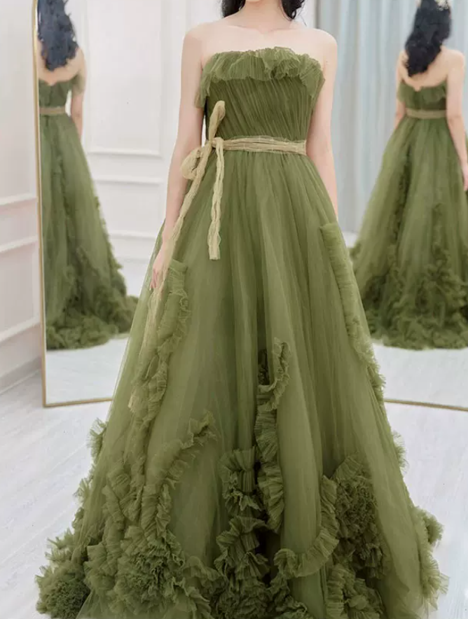 Dreamy Strapless Green Prom Dress Ruffled Tulle A-Line Evening Dress C8838