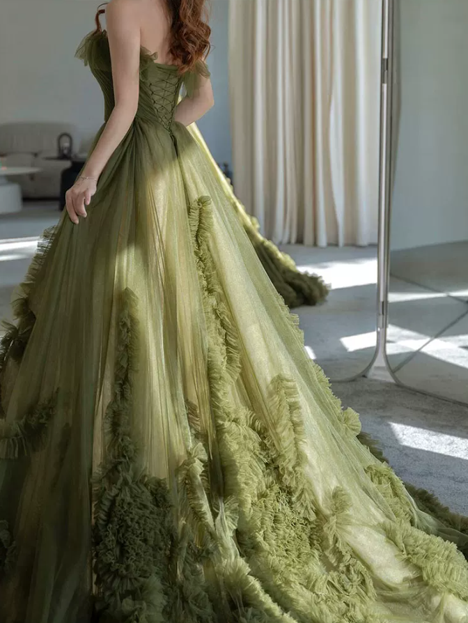 Dreamy Strapless Green Prom Dress Ruffled Tulle A-Line Evening Dress C8838