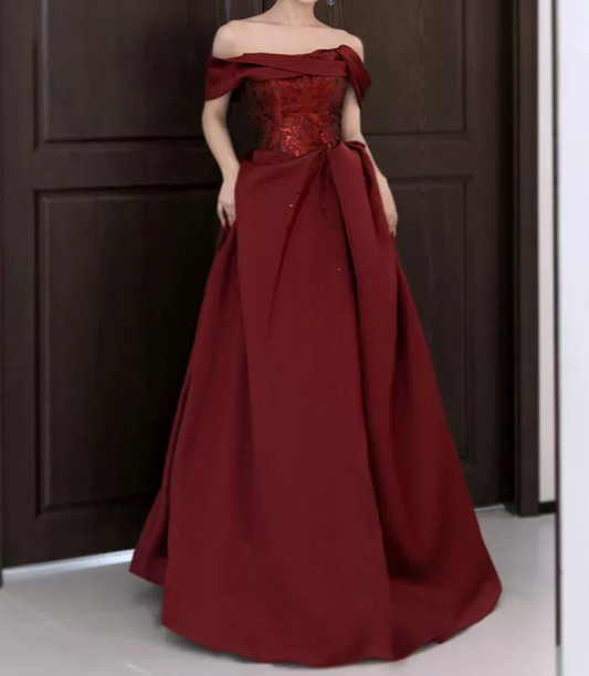 Classical Off-Shoulder Red Prom Dress Jacquard Sequins A-Line Evening Dress C8839