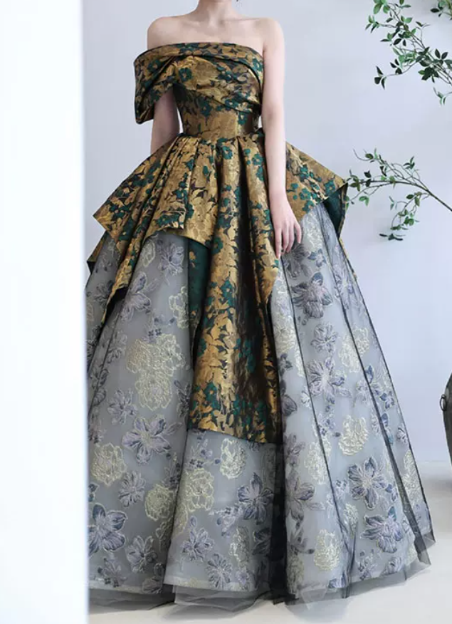 Vintage Off-Shoulder Floral Prom Dress Jacquard A-Line Evening Dress C8840