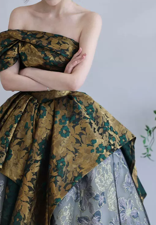 Vintage Off-Shoulder Floral Prom Dress Jacquard A-Line Evening Dress C8840