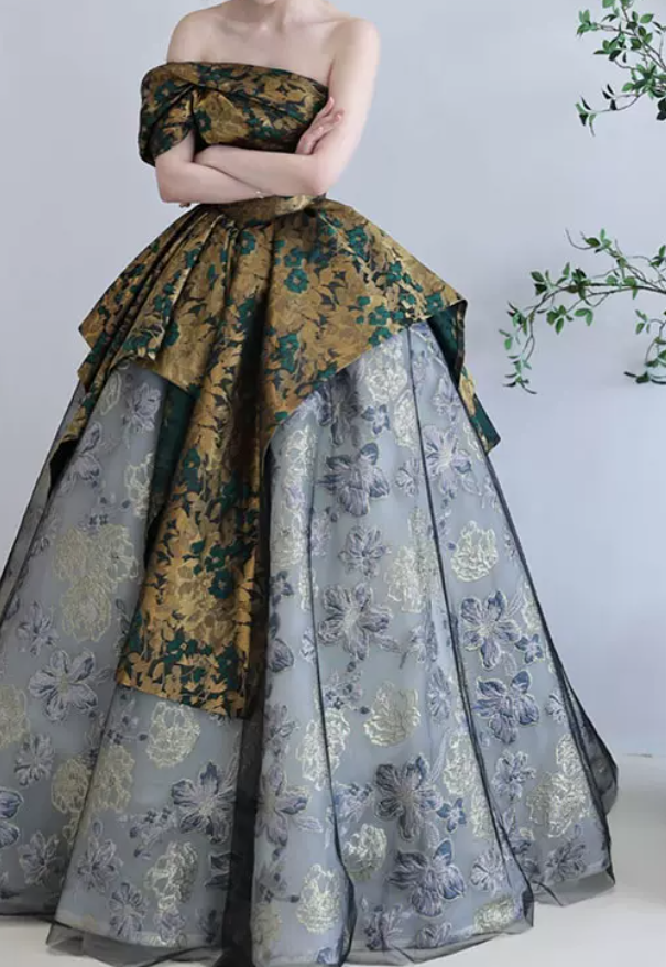 Vintage Off-Shoulder Floral Prom Dress Jacquard A-Line Evening Dress C8840
