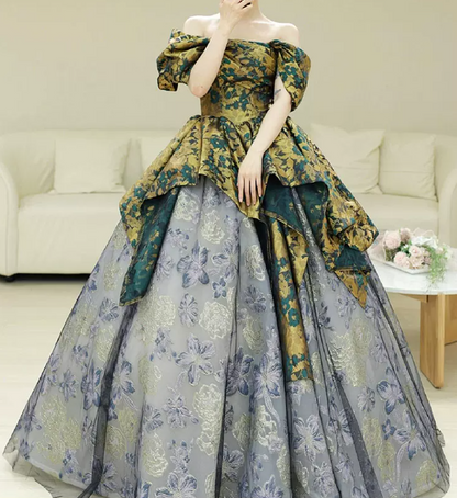 Vintage Off-Shoulder Floral Prom Dress Jacquard A-Line Evening Dress C8840