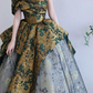 Vintage Off-Shoulder Floral Prom Dress Jacquard A-Line Evening Dress C8840
