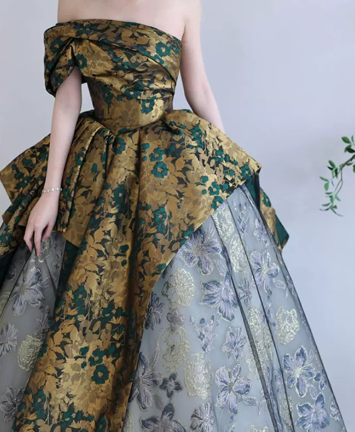 Vintage Off-Shoulder Floral Prom Dress Jacquard A-Line Evening Dress C8840
