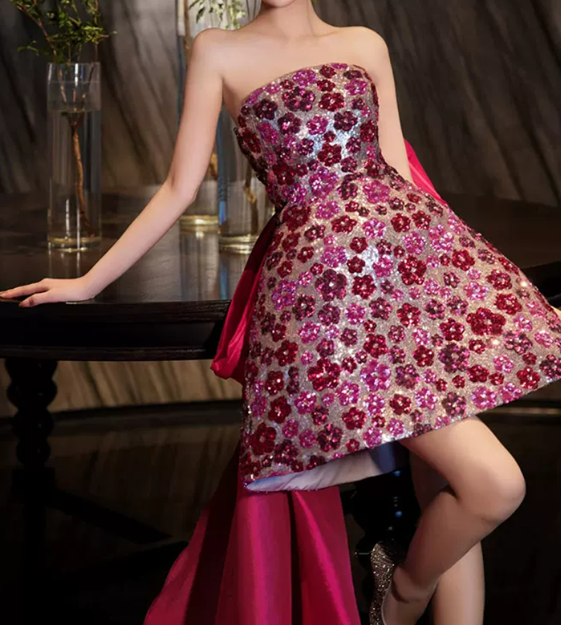 Glamorous Strapless Pink Homecoming Dress Sequins A-Line Birthday Dress C8841