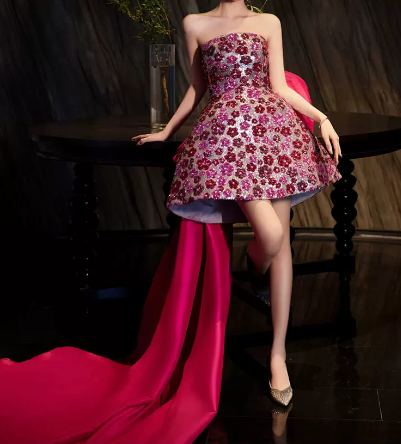 Glamorous Strapless Pink Homecoming Dress Sequins A-Line Birthday Dress C8841