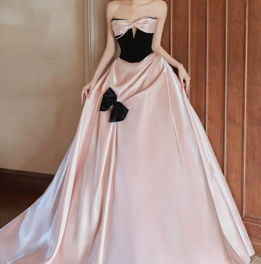 Sweet Strapless Beading Pink Prom Dress Bow Satin A-Line Evening Dress C8842